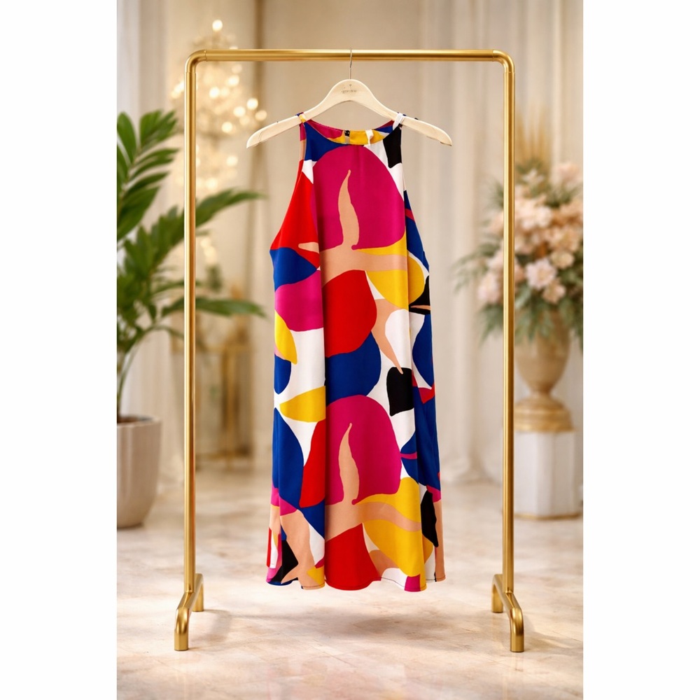 NWT! Tyche Multicolor Geo Print Halter Dress with Keyhole Back Closure! - Picture 2 of 8